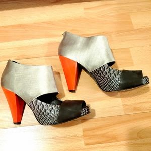 BCBGMaxAzria satin & python print leather heels